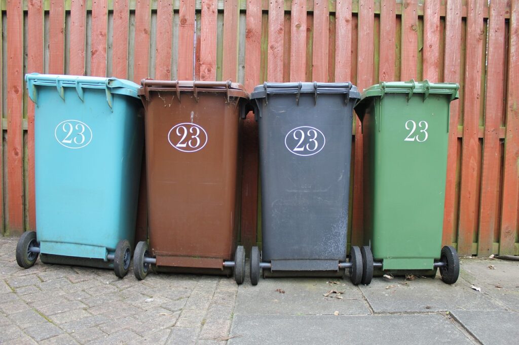 wheelie bin, garbage, rubbish, waste, dustbin, paper, plastic, blue, green, grey, brown, recycling, disposal, refuse container, lineup, trash can, environmental, service, separation, collection, line up, wheelie bin, garbage, dustbin, dustbin, dustbin, dustbin, dustbin, recycling, recycling, recycling, recycling, trash can